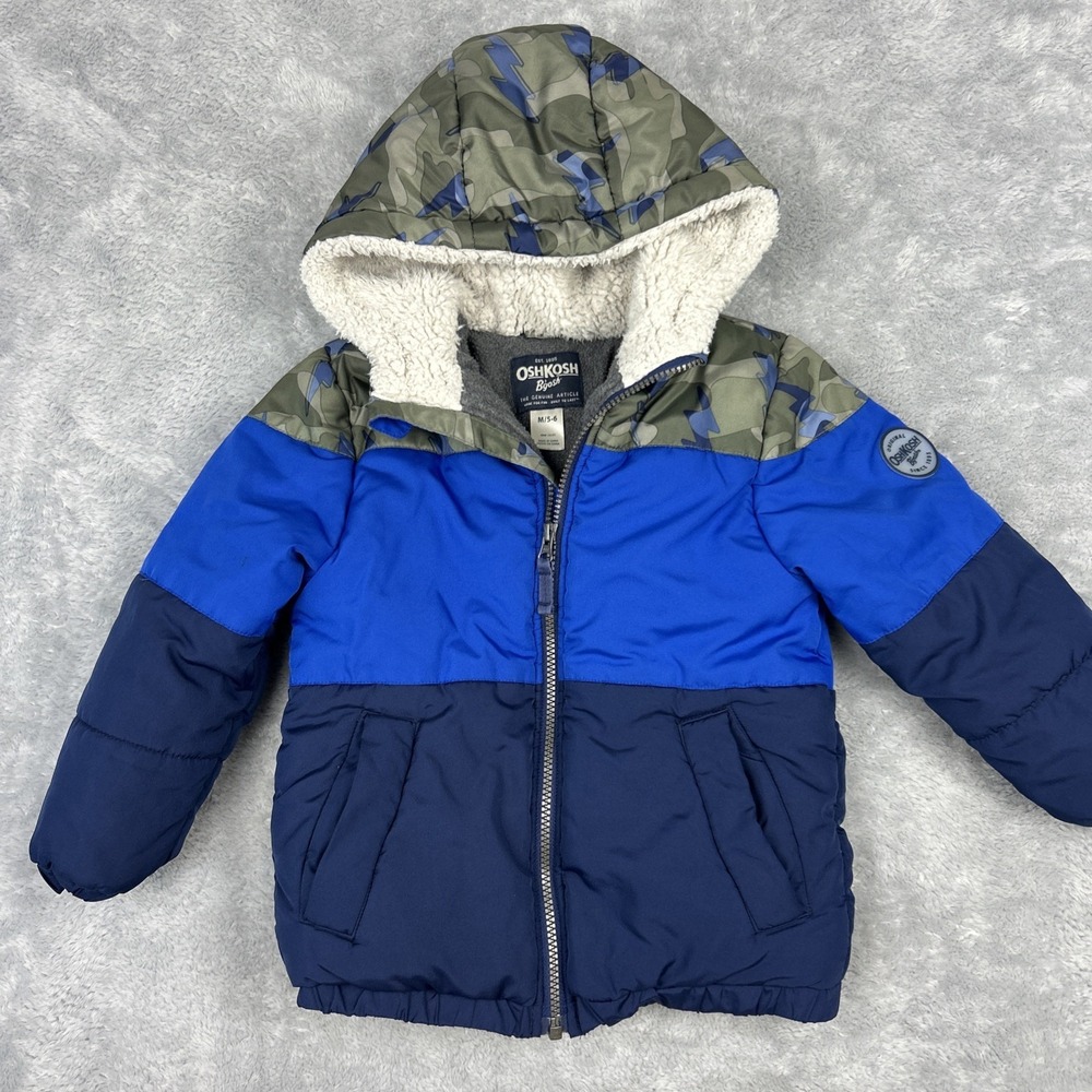 OshKosh B'gosh Coat Boys 5/6 Blue Puffer Full Zip Hood Fleece Lined Cozy Camo‎
